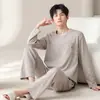 Segundo achado pijama de algodão cargo de manga comprida e calça comprida masculino gola redonda pulôver conjunto de duas peças transmissão ao vivo transfronteiriça masculino para casa