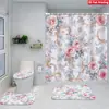 Juego de Cuatro Piezas de Cortina de Ducha y Alfombrilla de Baño con Diseño de Flores y Plantas Transfronterizas para Baño del Hogar, Cortina de Ducha Divisoria de Separación Seca y Húmeda, Cortina de Ducha Impermeable