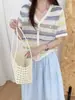 Camiseta de Punto Rayas de Bambú Cuello en V Falso Cárdigan Manga Corta para Mujer Primavera/Verano Versátil Fresca Simple