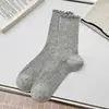 Meias Finas de Verão Vazadas com Coração em Mesh para Mulheres, Estilo Coreano Punho Bolha Bloqueio de Cores Cano Médio Algodão Renda Meias Folgadas
