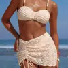 Artículo popular de comercio exterior 2026: Bikini de encaje con diseño de ola suave y tirantes con cuentas, falda corta sexy con cordón, traje de baño de tres piezas