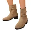 Botas vaqueras de ante con punta fina 2025 Otoño e Invierno Exportación Botas retro de media caña Tacón grueso Mangas Botas con efecto adelgazante