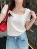 Tejido de Punto de Manga Corta Nuevo Estilo Delgado de Verano Camiseta con Hombro Derecho Top Cuadrado Delgado para Mujer Camisa Base Delgado Gris Algodón