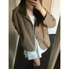 Chaqueta corta de color block retro americano con cuello alto y fruncido para mujer, top casual holgado vintage con cremallera para otoño e invierno