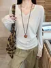 Tiro Real de Camiseta de Manga Larga Versátil de Cuello en V Ajustada Estilo Coreano de Primavera Lyocell Tencel Camisa Base Top 96752