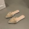 Temperamento Guofeng Baotou Lace Sapatos Femininos Flat Pontiagudos Meio Chinelos Femininos Verão Fresco Chinelos Pérola Strass Lazy Slippers