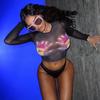 Estilo Europeo y Americano 2024 Verano Nueva Moda Estampado Slim Cuello Redondo Manga Larga Transparente Malla Camisetas Tops para Mujer Venta al por Mayor