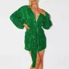 Vestido Longo com Alça de Lantejoulas Sexy Decote em V Profundo Manga Longa Festa Luxo Leve Feminino Europeu e Americano Outono Inverno Vestido de Natal Saia de Miçangas