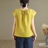 Toma Real de Camiseta Suelta de Manga Corta con Textura Simple Francesa Verano 2025 Camisa de Cuello Redondo con Cordón en Forma de Oreja para Mujer