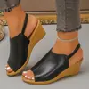 Sandalias de cuña transfronterizas europeas y americanas talla grande, colección otoño 2026, sandalias romanas de suela gruesa con punta de pez al por mayor para mujer
