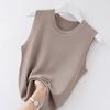 Camisola Feminina de Verão para Sobreposição Interna Tricot Fina Listrada Curta Ombro Largo Gola Redonda Sem Mangas Regata para Uso Externo
