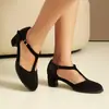 Sandálias Vazadas de Bico Fechado Novo Estilo, Sapatos com Tira em T, Sandálias de Salto Médio Bloco, Tamanho Grande 40-43, Sapatos de Exportação