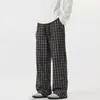 Calça Xadrez Estilo Americano com Cordão, Caimento Solto, Perna Curva, para Homens e Mulheres, Moda Outono 2026, Perna Larga, Comprimento no Chão, Casual