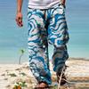Pantalones de verano para hombre, pantalones de playa, cintura elástica con cordón, estampado 3D, hawaianos, blancos y verdes.