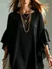 Vestido Minimalista Negro de Gasa 2026 con Mangas Volantes, Corte Holgado, Favorecedor, Vestido de Vacaciones Casual y Relajado
