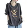 Camiseta de Manga Curta para Mulheres para Comércio Exterior Transfronteiriço, Gola V, Novo Estilo de Verão, Tamanho Grande, Caimento Solto, Estampa Única, Top Versátil, Camiseta Estilo Ins