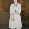 Top de vestido de té estilo chino, nueva colección de verano, inspiración étnica, manga tres cuartos, mezcla de algodón y lino bordado, longitud media, con botones decorativos, inspiración Zen, estilo pull-over