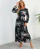 Vestido floral europeo y americano largo de cuello redondo y manga larga para estilizar la cintura