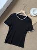 Playera de Punto Acanalado Slim de Cuello Redondo Estilo Similar a Eldos para Mujer, Nuevo Verano 2025, Encaje Pequeño con Bloques de Color, Tejido de Punto Ligero de Manga Corta