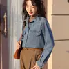 Foto Real de la Nueva Moda Femenina 2025 Elegante Versátil Retro Cuello Solapa Color Sólido Lavado Suave Top Camisa de Mezclilla para Mujer