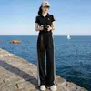 Conjunto Esportivo Casual Estilo Coreano para Mulheres, Moda de Verão, Corte Slim, Toque de Luxo, Conjunto de Duas Peças com Calça Wide Leg de Manga Curta Preta