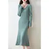 Vestido suéter de cashmere estilo coreano, versátil vestido longo casual de lã tricotada para outono e inverno
