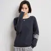 Suéter de cachemira pura para mujer, engrosado, cuello redondo, con bloques de color, corte holgado, adelgazante, cálido, casual y adecuado como capa interior o top de punto.