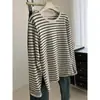 Camiseta de manga larga con cuello redondo y rayas de bloques de color de estilo coreano para mujer, holgada y estilizada, adecuada para primavera y otoño, top básico de estilo coreano