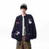 Moletom Cardigan de Broderie Divertido Estilo Americano para Homens, Outono Lã Espessada Casal Solto Jaqueta Baseball Tendência