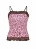 Camisola Sexy Rosa com Estampa de Leopardo e Renda, Acabamento Color Block, Bodycon Slim Fit, Conjunto de Hot Pants, Roupa Feminina