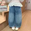 Calça Jeans Dad Jeans para Meninas Bolo Coelho Pequeno Primavera Outono Calça Reta de Pernas Largas para Bebês Estilo Coreano Infantil Jeans da Moda