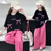 Conjunto de Verão para Meninas Estiloso Fashion 2025 Novo Estilo Coreano Infantil Laço Manga Curta Verão Infantil Calça Yamamoto