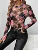 Camiseta base de malla floral con encaje, manga larga, estampada, estilo europeo y americano, ajuste ceñido, superventas transfronterizo de Amazon 2026 para mujer