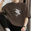 Camiseta Masculina de Manga Curta Estilo Americano Pesada 260g, Modelagem Solta, Algodão Puro, Gola Redonda, Estampa de Tubarão, Blusa de Verão 100% Algodão de Manga Meia