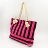 Bolsa de Playa de Algodón Rayada Rosa Roja Personalizada de Fábrica, Bolso de Lona con Cuerda Gruesa de Cáñamo para Exportación, Bolsa de Compras Rayada