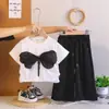 Roupas Infantis Verão Conjunto Fashionável Estilo Coreano Tendência Meninas Cor Sólida Libélula Strass Calça Comprida Conjunto de Três Peças
