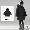 Jaqueta de Penas Infantil Estilo Coreano Nova Moda Unissex Média e Grande Comprimento Médio Espessada com Capuz Puffer de Pato Branco Ganso