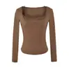 Camisa de Manga Larga Falsa de Dos Piezas con Cuello Cuadrado y Patchwork de Encaje Color Café para Mujer 2026 Nuevo Llegada de Otoño Diseño Americano Top Picante para Chica