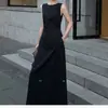 Vestido Maxi Minimalista Estilo Hepburn Cuello Redondo Ribeteado Sin Mangas Adelgazante Tela con Caída para Viaje de Negocios Vacaciones Vestido Negro