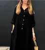 Vestido Casual de Algodão e Linho Misturado com Bolsos e Gola, Manga Longa, Tamanho Grande, Europeu e Americano, Verão 2024, Amazon, Feminino