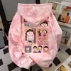 Moletom com Capuz Estilo College Fofo para Mulheres Outono e Inverno 2025 Estampa Animada Chibi Maruko-Chan Roupas Americanas Tie-Dye