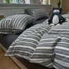 Juego de Tres Piezas para Dormitorio Estudiantil, Juego de Cuatro Piezas de Cama Rayada Estilo Simple, Algodón Puro, Juego de Sábanas de Cama Estilo Nuevo, Funda de Edredón, Sábana Ajustable 4