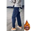 Calça Esportiva Casual Reta Grossa Forrada com Lã Unissex Outono e Inverno Tendência Quente Solta Confortável Versátil para o Dia a Dia