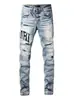 Marca de moda de alta costura transfronteriza, nuevo estilo, parche de letras, color claro, desgastado, corte ajustado, jeans rotos para hombres a la moda