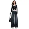 Jeans rectos con forro polar estilo retro americano transfronterizos para mujer, adelgazantes y versátiles, nuevos pantalones anchos de pierna suelta para primavera y otoño con una caída fluida