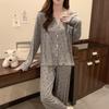 Pijama para Mujer Primavera y Otoño Estilo Coreano Simple y Dulce Lazo Modal Rayado Pantalón de Manga Larga Conjunto de Ropa para el Hogar