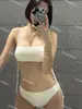 [3 Cores] Novo Top Tubo Liso Simples Retrô com Cordão Conjunto de Três Peças Estilo Saia que Cobre o Quadril Sexy de Alta Qualidade Maiô com Fenda
