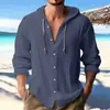 Camisa casual deportiva de manga larga con capucha para hombre, color liso, transpirable, abotonada, corte holgado, importación europea y americana, mezcla de algodón y lino