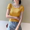 Playera de Punto de Seda Helada de Manga Corta de Verano para Mujer Look Adelgazante Hongo Estilo Corto de Cintura Alta Ombligo Expuesto Clavícula Top Fino