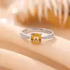 Anillo Yilu Plata S925 plata de ley chapado en oro cristal amarillo, diseño geométrico cuadrado elegante y simple, anillo abierto versátil de lujo ligero